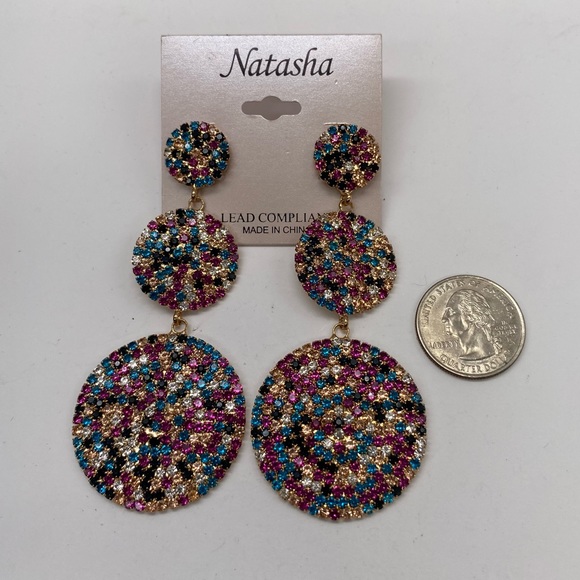 Natasha Multi Colored Stone Large Triple Drop Earrings NEW - Picture 2 of 3